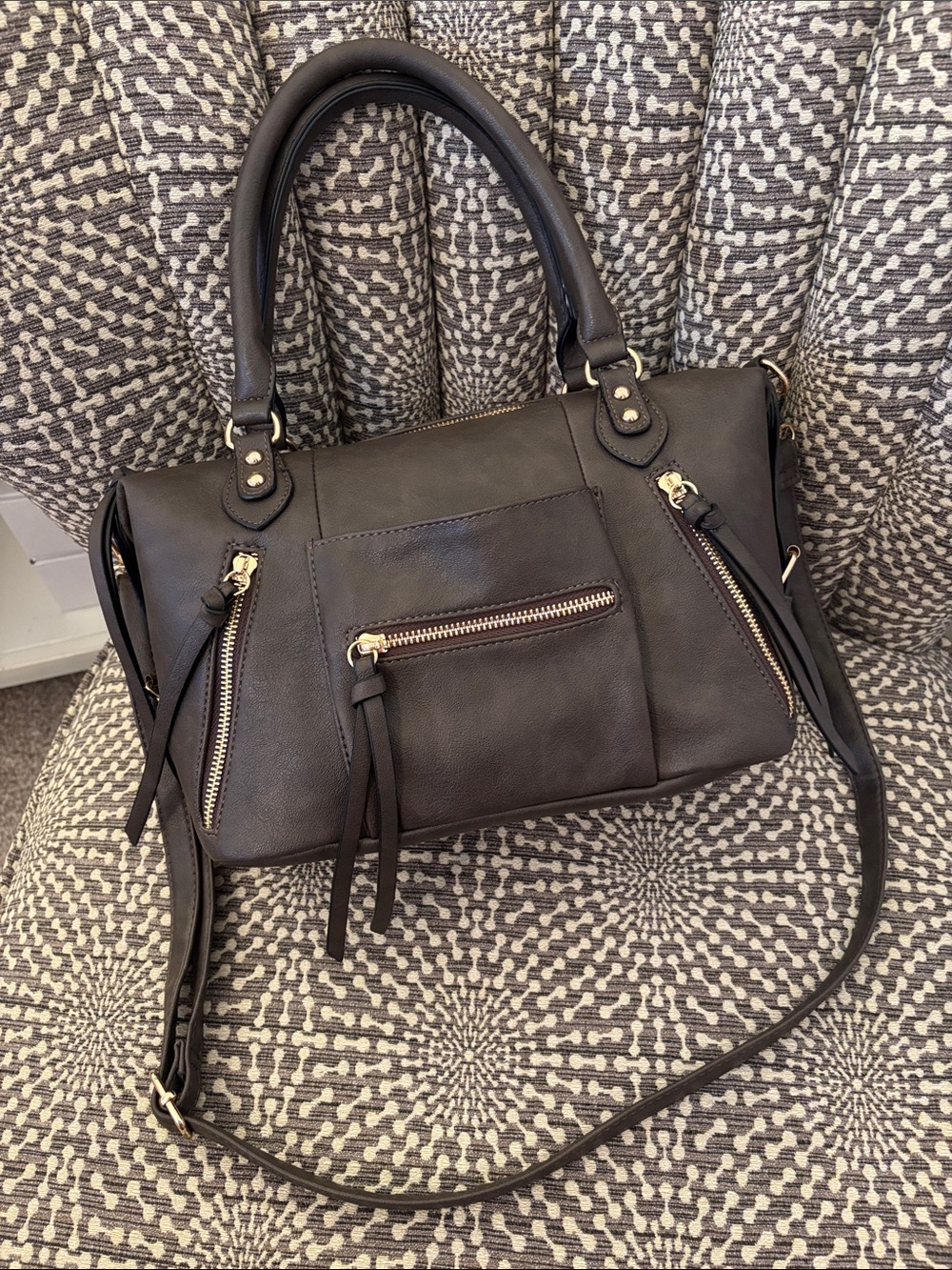 Brown Faux Leather Satchel Bag Like New Gold Tone Hardware & Detachable Strap